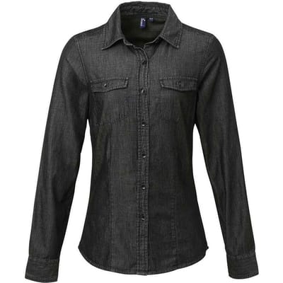 Premier Dames/Dames Denim Jean stijl gestikt overhemd (Zwarte denim)