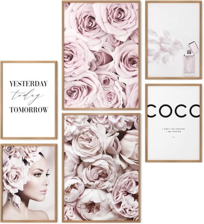 Poster Set - Wanddecoratie Set - Woonkamer Decoratie - Houtlijst Inclusief - 2x A3 4x A4 - Roze Bloemen