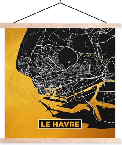 Posterhanger incl. Poster 40x40 cm - Schoolplaat - Kaart – Stadskaart – Le Havre - Plattegrond – Frankrijk - Textielposter - Blanke latten - Stadskaart