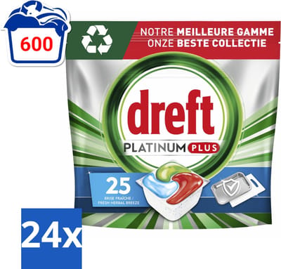Dreft Platinum Plus - All In One - Vaatwascapsules - Deep Clean Boosted - 25 Afwasbeurten - Voordeelverpakking - 24 stuks