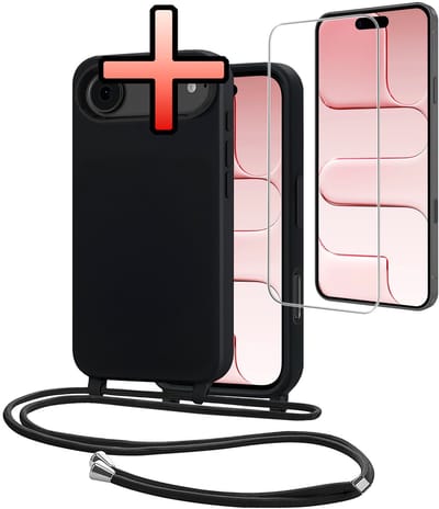 Hoes Geschikt voor iPhone Air Met Telefoonkoord Met Screenprotector - Siliconen Hoesje Backcover Met Ketting - Zwart
