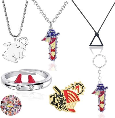 Allecto Plus - Sleutelhanger Kettingzaag Man Krachtringen en 50 Stickers Anime Duivel Sieraden Kettingzaag Cosplay Vinger Ringen