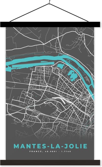 Posterhanger incl. Poster 40x60 cm - Schoolplaat - Mantes-la-Jolie - Frankrijk - Stadskaart - Kaart - Plattegrond - Textielposter - Zwarte latten - Stadskaart