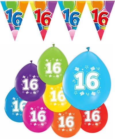Feestpakket 16 jaar / 8 ballonnen en 1 vlaggenlijn 10 meter - Versiering Slinger Feestdecoratie Decoratie Verjaardag Jubileum Ballon Feest