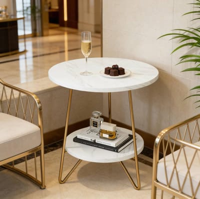 Bijzettafel - Ronde 2-Laags Opbergtafel Voor Woonkamer En Slaapkamer - Marmerlook Blad Met Gouden Metalen Poten - Wit Goud - 47x47x55 Cm