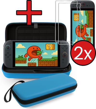Hoes Geschikt voor Nintendo Switch 2 Case Hard Cover Bescherm Hoesje Koord Met 2x Screenprotector - Case Geschikt voor Nintendo Switch 2 Hoes - Blauw