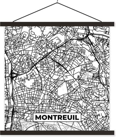 Posterhanger incl. Poster 60x60 cm - Schoolplaat - Stadskaart - Plattegrond - Montreuil - Kaart - Frankrijk - Zwart wit - Textielposter - Zwarte latten - Stadskaart