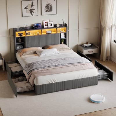 Kinderbed gestoffeerd 140x200cm met LED & USB & 4 lades, moderne opbergruimte aan het hoofd, meisjesbed, jeugdbed, linnen stof, lattenbodem, zonder matras