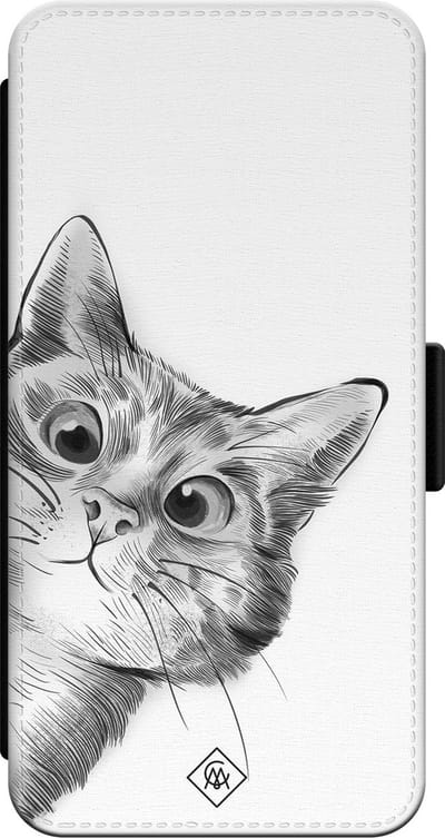 Casimoda® bookcase - Geschikt voor iPhone 13 Pro - Hoesje met pasjeshouder - Kat Kiekeboe - Wit - PU-leer met kunststof telefoonhouder