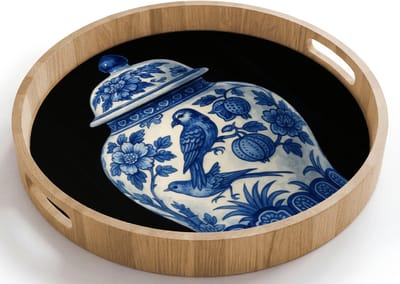 Dienblad rond 40x40 cm - Schootdienblad hout - Pot - Delfts Blauw - Bloemen - Borrelplank rechthoek - Plateau houten dienbladen