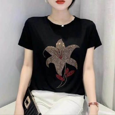Lente en Zomer Zwart T-shirt voor Dames, Middenleeftijd en Ouderen Ronde Hals Moederkleding Eenvoudig Strijkdiamant Groot Maat Korte Mouw Shirt 6XL gray