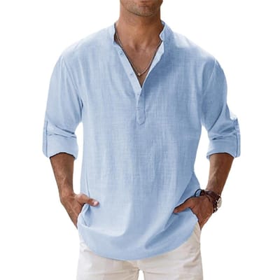 Katoen Linnen Shirts voor Heren Casual Shirts Lichtgewicht Lange Mouw Henley Strandshirts Hawaï Shirts voor Heren Streetwear XXL blauw