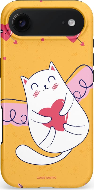 Casetastic hoesje geschikt voor Apple iPhone Air - MagSafe - Dubbellaagse bescherming - Kattenflirt Geel Rode Hartjes Liefde - Fashion Case - Goud Wit