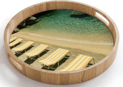 Dienblad rond 40x40 cm - Schootdienblad hout - Strandbedden - Zee - Stenen - Baai - Borrelplank rechthoek - Plateau houten dienbladen