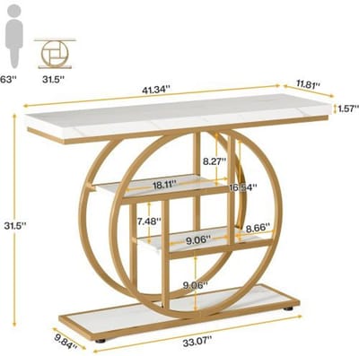 OKWISH Consoletafel - 4 Niveaus Opbergruimte - Voor Hal Woonkamer Of Slaapkamer - Metaal En Hout Wit Goud - 105x30x80 cm