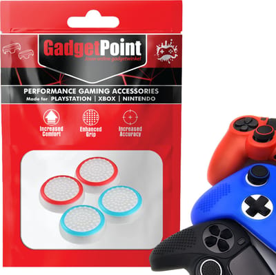 Gadgetpoint - Thumb Grips voor PlayStation, PS5, Xbox X/S, One & Switch Pro Controller - Gaming Thumbgrips - Performance Anti-Slip Thumbsticks - Bescherming Accessoires - Wit Lichtblauw en Wit Rood