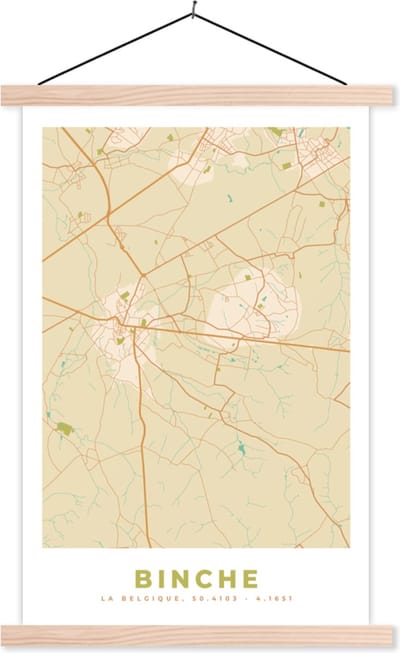 Posterhanger incl. Poster 40x60 cm - Schoolplaat - Plattegrond - Stadskaart - Retro - Binche - Kaart - Textielposter - Blanke latten - Stadskaart