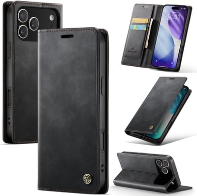 Casemania Hoesje Geschikt voor Apple iPhone 17 Pro - Charcoal Gray - Luxe Kunstleer Dunne Telefoonhoesje met Pasjeshouder en Standaardfunctie - Slim Wallet Case - Zwart