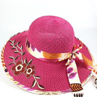 Chapeau de soleil en paille à larges bords pour femme avec motif floral - Respirant, Protection, Élégant Casquette de plage pour l'été, Chapeau de plage M (56-58cm)