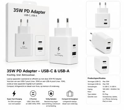 35W PD Snellader USB-C + USB-A Adapter – Super Fast Charging – Wit