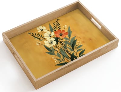Dienblad hout 40x30 cm - Schootdienblad - Bladeren - Boeket - Bloemen - Geel - Borrelplank rechthoek - Plateau dienbladen
