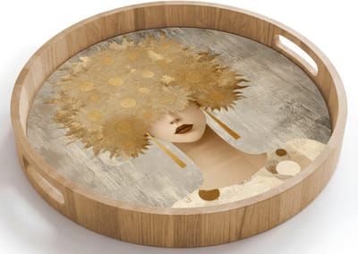 Dienblad rond 40x40 cm - Schootdienblad hout - Goud - Portret - Vrouw - Borrelplank rechthoek - Plateau houten dienbladen