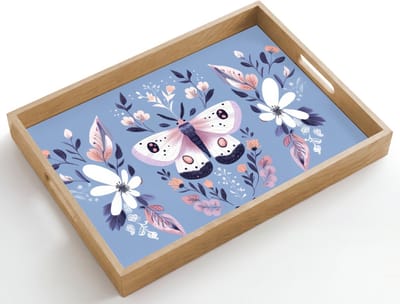 Dienblad hout 50x35 cm - Schootdienblad - Vlinder - Vleugels - Stippen - Bloemen - Borrelplank rechthoek - Plateau dienbladen