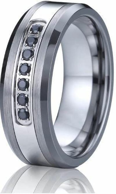 Schitterende Wolfraamcarbide Ring mét 7 Zwarte Zirkonia steentjes| Brede Ring| Damesring | Herenring