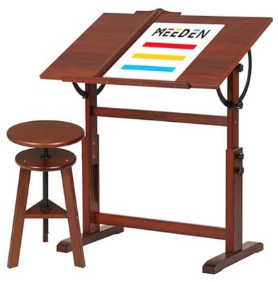 MEEDEN Vintage Wooden Drawing Board and Stool Set, Artist Drawing Board and Craft Table with Adjustable Height, Tilting Table Top for Artworks, Graphic Design, Writing