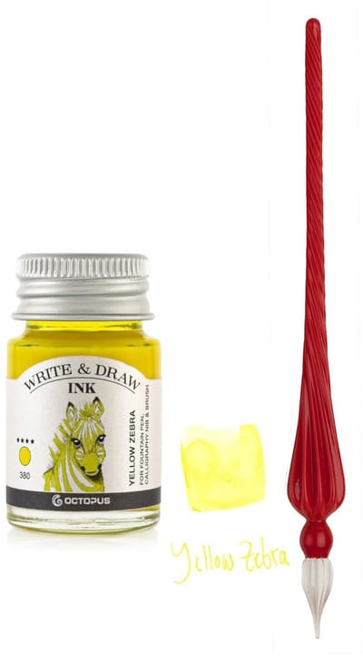 Glazen dip pen set in doosje - Rood - Potje Octopus inkt yellow zebra