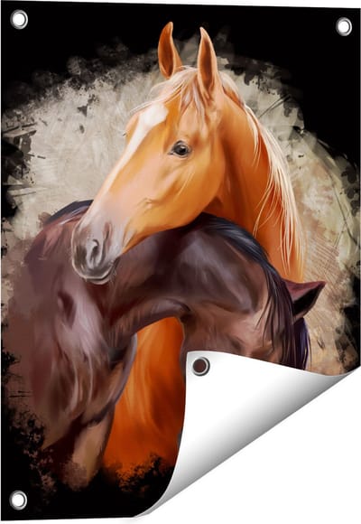 Gards Tuinposter Twee Getekende Knuffelende Paarden - Abstract - 40x50 cm - Tuindoek - Tuindecoratie - Wanddecoratie buiten - Tuinschilderij