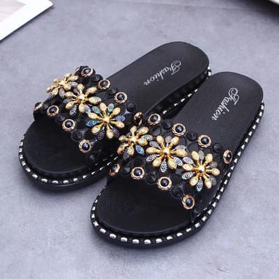 Chaussons plats polyvalents grande taille pour femmes, pantoufles d'été souples à fleurs de couleur unie 36 noir