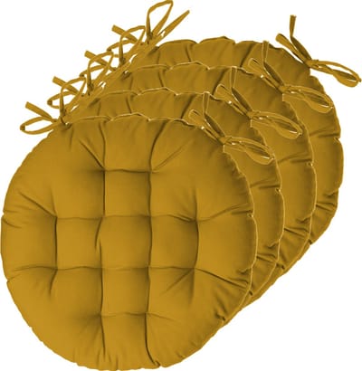Atmosphera Tuinstoelkussens - 4x - okergeel - katoen - 38 x 38 x 6.5 cm - wicker zitkussen rond