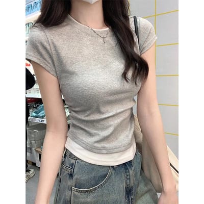 Nep Tweedelig T-shirt met Korte Mouwen voor Dames In de Zomer Nieuw Contrasterend Kleurontwerp Ronde Hals Top met Korte Mouwen met Voorste Schouder XL grijs