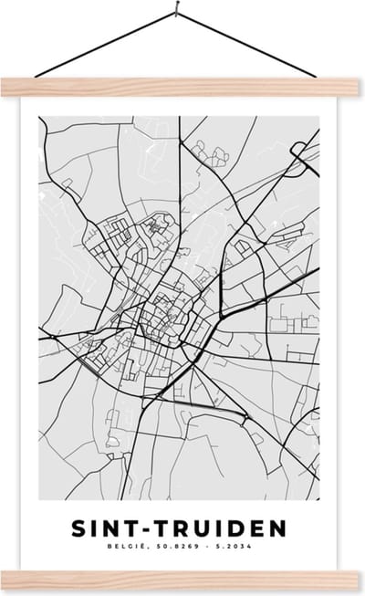 Posterhanger incl. Poster 40x60 cm - Schoolplaat - Plattegrond – Sint Truiden – Zwart Wit – Stadskaart - Kaart - Textielposter - Blanke latten - Stadskaart