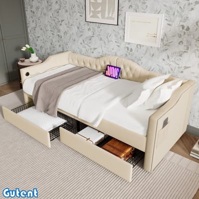 Gutent Slaapbank - met oplaadfunctie - 2 laden - 90x200 cm - Beige - Fluweel (matras niet inbegrepen)