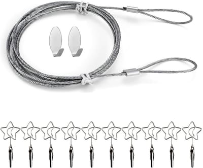 Dailygoods- Fototouw 160 cm - Fotokabel met 10 Klemmen - Stalen Kabel met Haken - Fotolijn voor Foto's - Kaarthouder met Ogen - Verstelbare Lengte