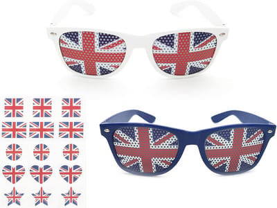 ZWZNBL 2 paar Union Jack-brillen, vintage zonnebril voor volwassenen en kinderen, platina, jubileum, feestdecoraties aan zee met 15 Union Jack Tattoostickers.