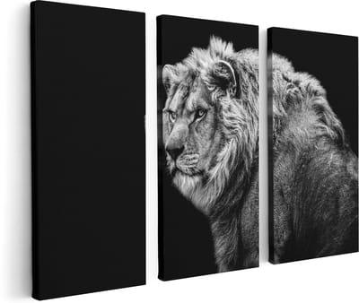 Artaza Canvas Schilderij Drieluik Leeuw - Zwart Wit - 120x80 - Foto Op Canvas - Canvas Print