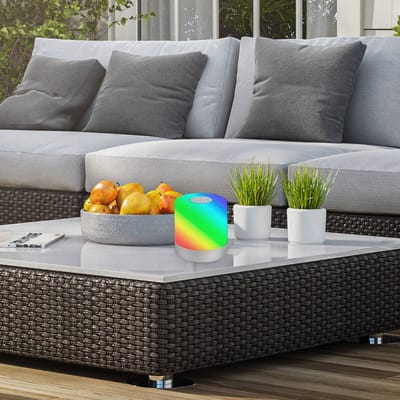 BRILONER - Oplaadbare Tafellamp - met RGB en warm wit licht - dimbaar - voor buiten en binnen - IP44 - draadloos - 2W - Ø7 x7 cm - zilver