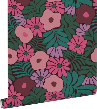 ESTAhome behang bloemen in Matisse stijl groen, roze en paars - 50 x 900 cm - 131137