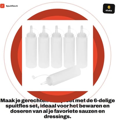 Dailygoods- Spuitfles 6 stuks - Knijpfles 250 ml - Sausdispenser - Lekvrij - 100% BPA-vrij - Transparant HDPE kunststof - Sauzenfles