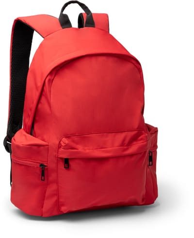 Rugzak rood gemaakt van gerecycled nylon, hoofdvak met laptopvak, 3 vakken aan buitenzijde met rits, 18 liter