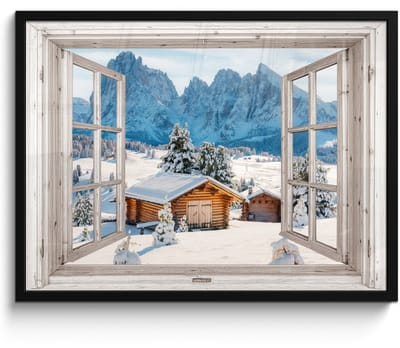 Poster in lijst - Fotolijst 70x50 cm - Posters - Winterlandschap - Huisje - Bergen - Uitzicht - Doorkijk - Natuur - Posterlijst zwart - Decoratie - Wanddecoratie woonkamer - Muurdecoratie slaapkamer