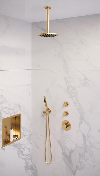 Brauer Gold Edition thermostatische inbouw regendouche SET 05 met 20 cm douchekop en plafondarm en staaf handdouche en doucheslang en wandaansluitbocht goud geborsteld PVD