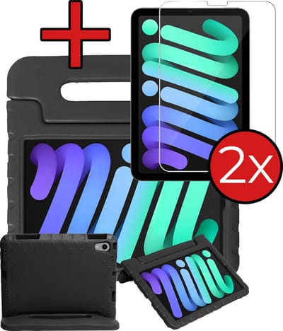 Hoesje - Geschikt voor Apple iPad Mini 7 (2024) - 8.3 inch - 7e Generatie - Met 2x Screenprotector - Kinderhoes - Shockproof Bumper - Kidsproof Case - Tablethoes - Kinder Hoes Cover - Zwart