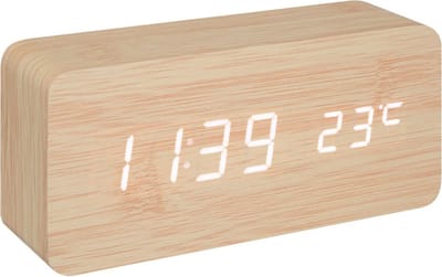 Atmosphera Tafelklok/wekker Seqoia - beige - MDF - 15 x 7 cm - Digitale tijd en temperatuur - batterij/usb voeding