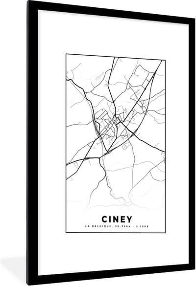 Fotolijst incl. Poster Zwart Wit- Stadskaart – Plattegrond – België – Zwart Wit – Ciney – Kaart - 60x90 cm - Posterlijst