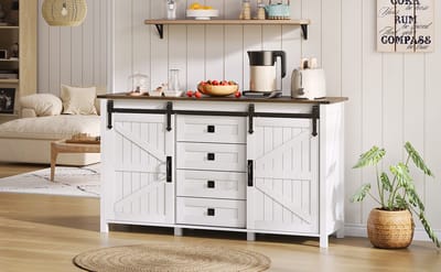 REDOM Sideboard 137 cm wit – Landhuisstijl buffetkast met 2 schuifdeuren, 4 lades, MDF, veel opbergruimte