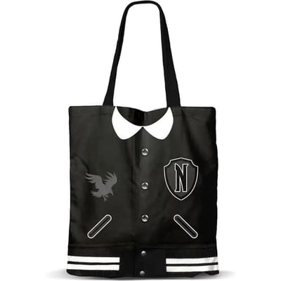Karactermania - Wednesday - Varsity - Boodschappentas met rits - Shopper - Schoudertas - Handtas- Shopper - zwart